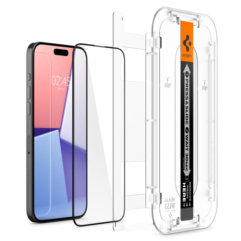 [Pachet 2x] Folie iPhone 15 Pro Spigen Glas.tR EZ Fit, negru
