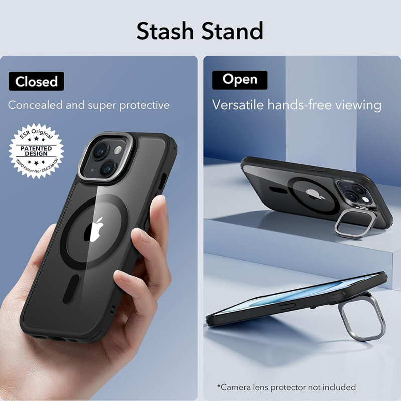 Husa iPhone 15 ESR Classic Hybrid HaloLock Kickstand, negru/transparenta
