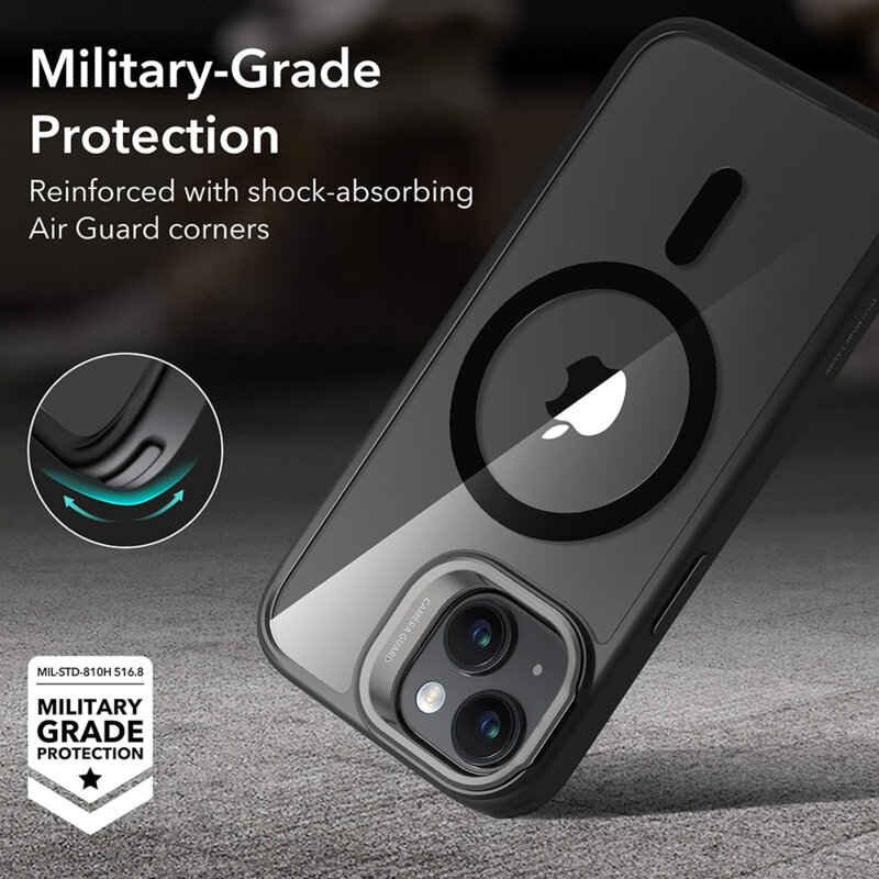 Husa iPhone 15 ESR Classic Hybrid HaloLock Kickstand, negru/transparenta
