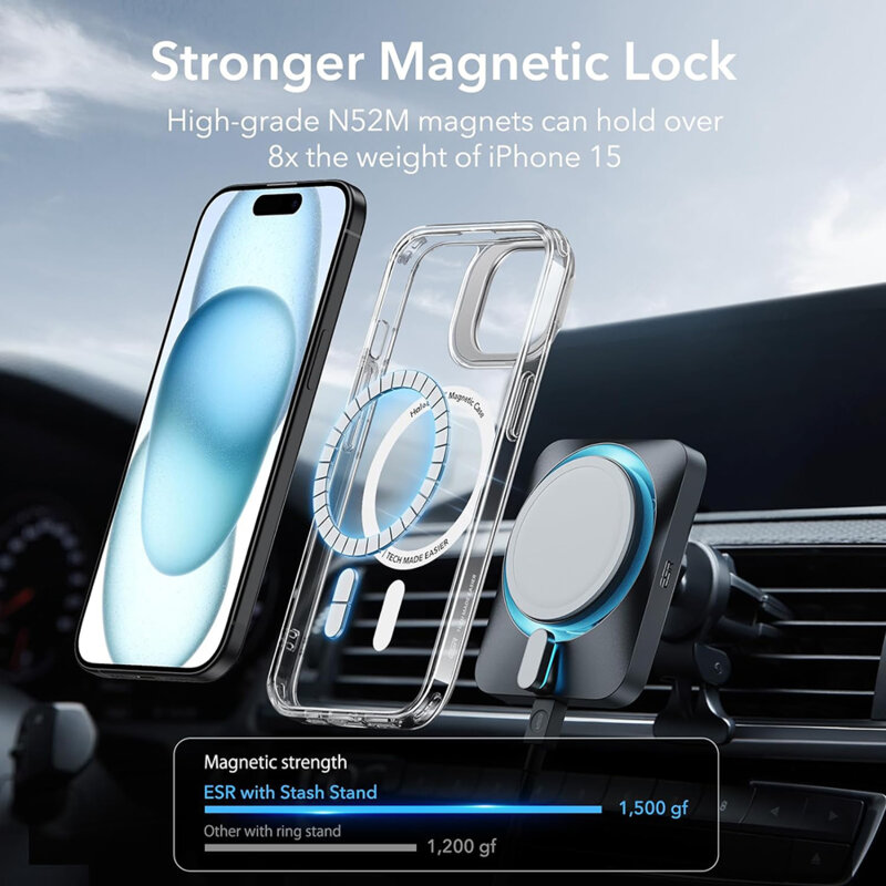 Husa iPhone 15 Plus ESR Classic Hybrid HaloLock Kickstand, transparenta