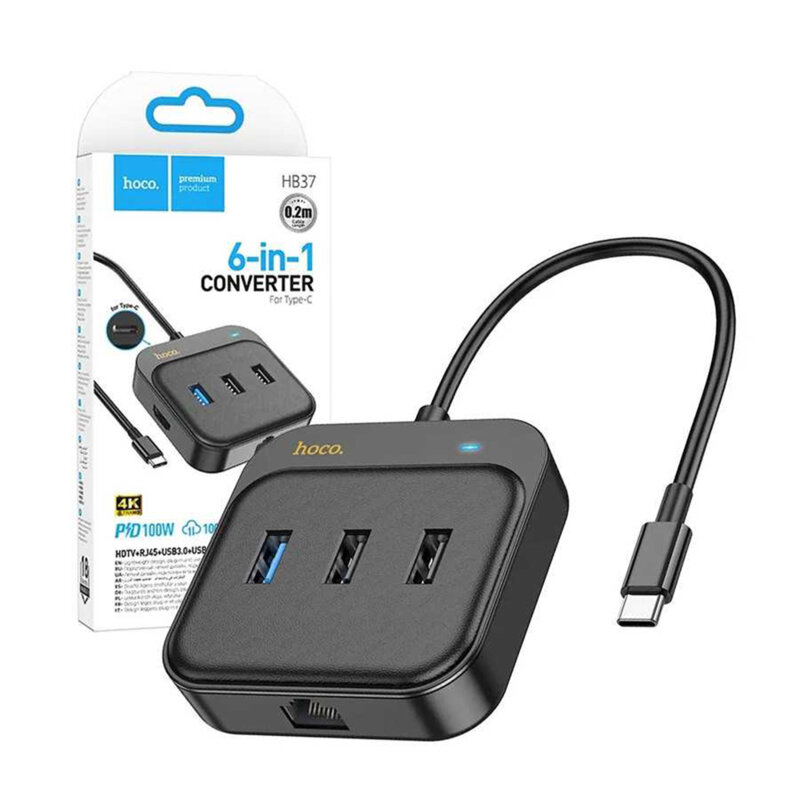 Hub multiport Type-C la HDTV, RJ45, PD100W, USB3.0 Hoco HB37