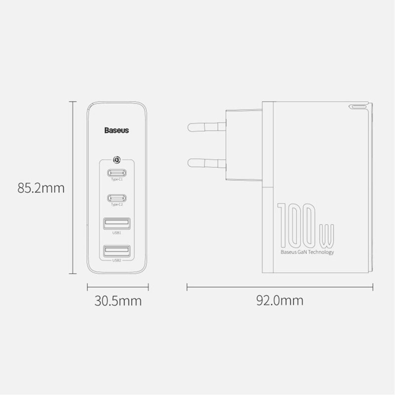 Incarcator 2xUSB QC3.0/2xType-C PD100W + cablu Baseus, CCGAN2P-L01
