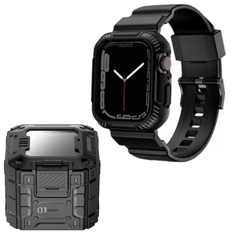 [Pachet] Husa + curea Apple Watch 5 44mm Lito Carbon RuggedArmor, negru, LS003