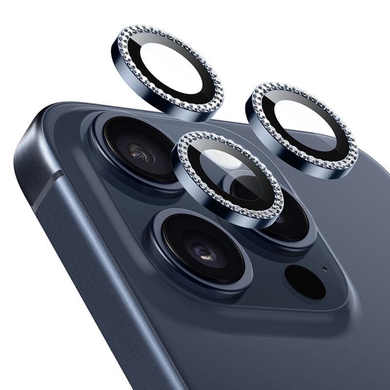 Folie sticla cu strasuri camera iPhone 15 Pro Max ESR Lens Protector, bleumarin
