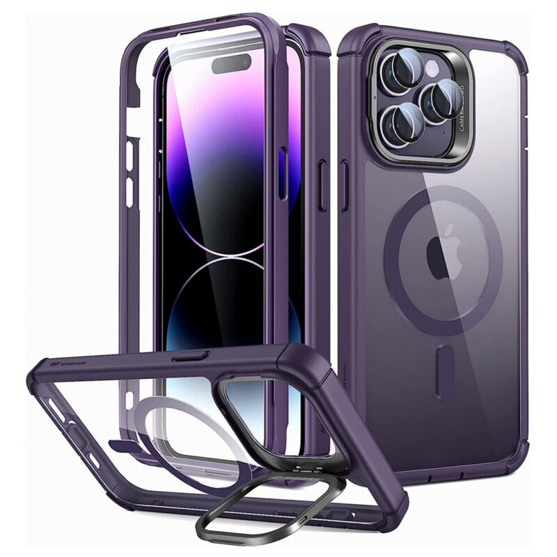 [Pachet 360°] Husa + folie iPhone 14 Pro Max ESR Shock Armor Kickstand HaloLock, mov
