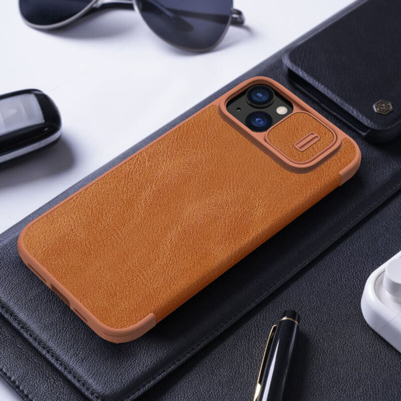 Husa iPhone 15 Plus Nillkin QIN Leather, maro