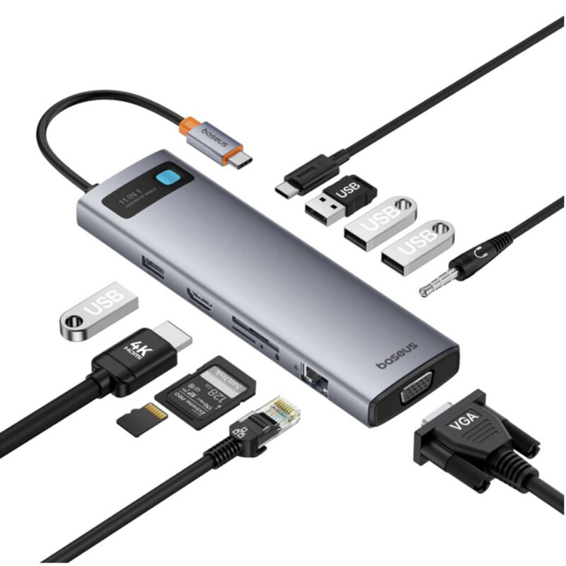 Hub Type-C la HDMI 4K, VGA, 4xUSB, USB-C, RJ45, SD, TF, Jack Baseus