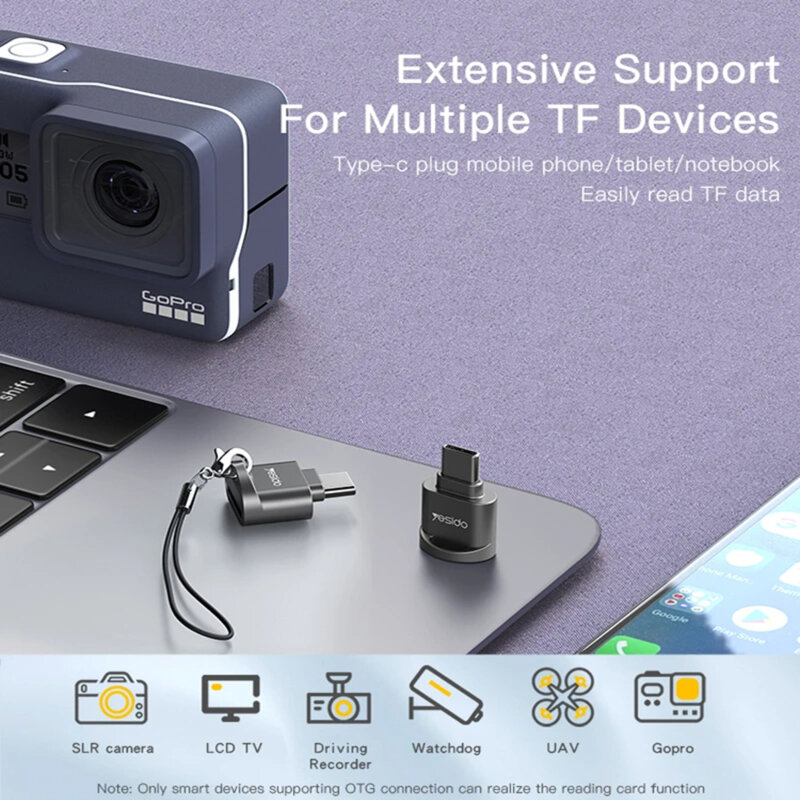 Adaptor OTG, cititor de card Type-C la Card TF Yesido GS19, gri