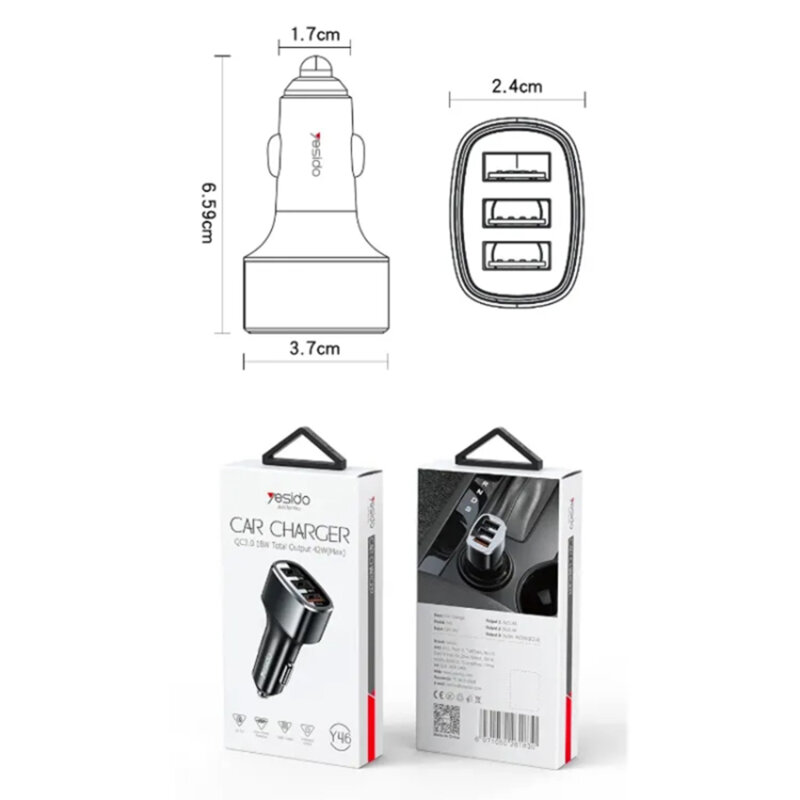 Incarcator masina 3x USB Fast Charge Yesido Y46, 2.4A, 42W