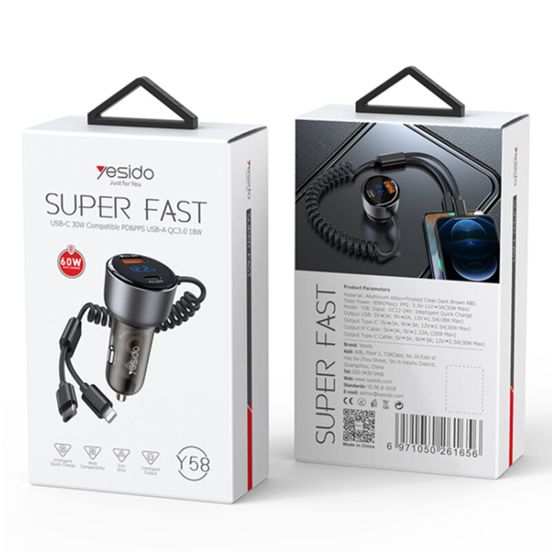 Incarcator auto USB, Type-C Fast Charge Yesido Y58, 60W, gri