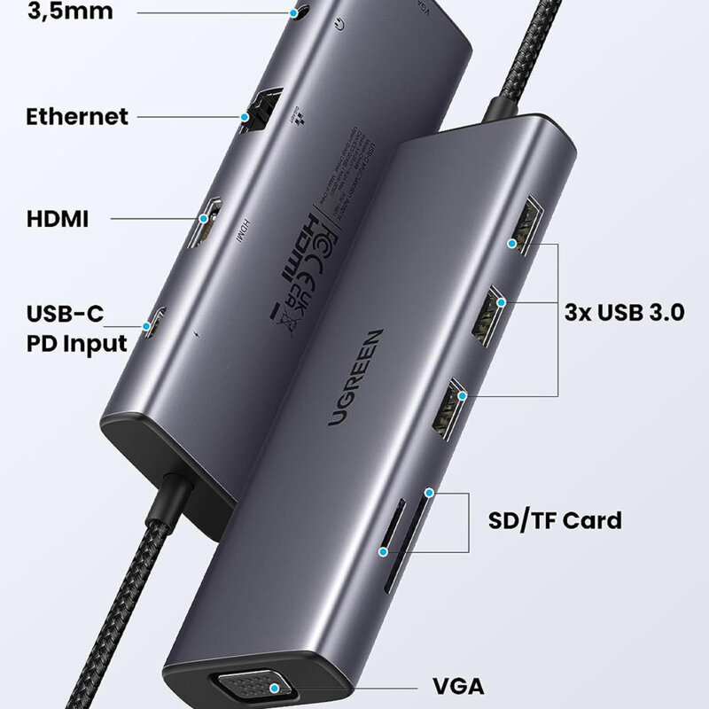 Hub 2xType-C, 3xUSB, , HDMI, RJ45, Jack, VGA, TF, SD Ugreen, 15601