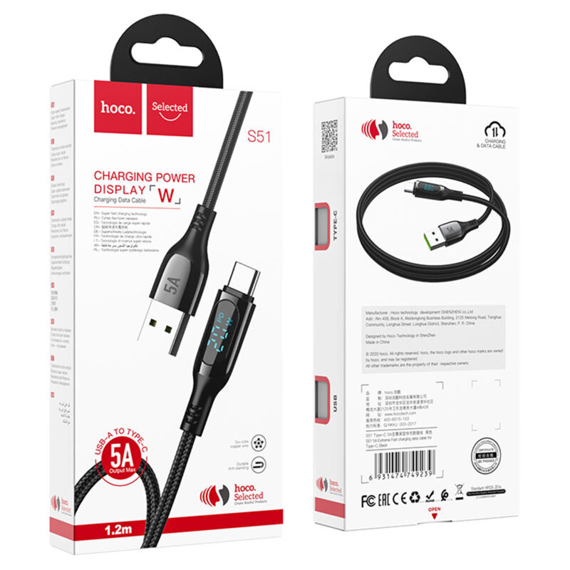 Cablu Fast Charging 5A tip C, Display LED Hoco S51, 1.2m, negru