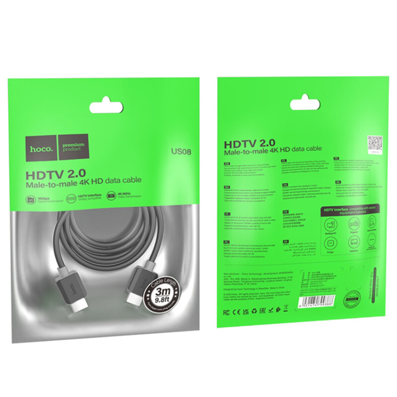 Cablu 4K HDMI HDTV2.0 tata la HDMI tata Hoco US08, 2m, negru