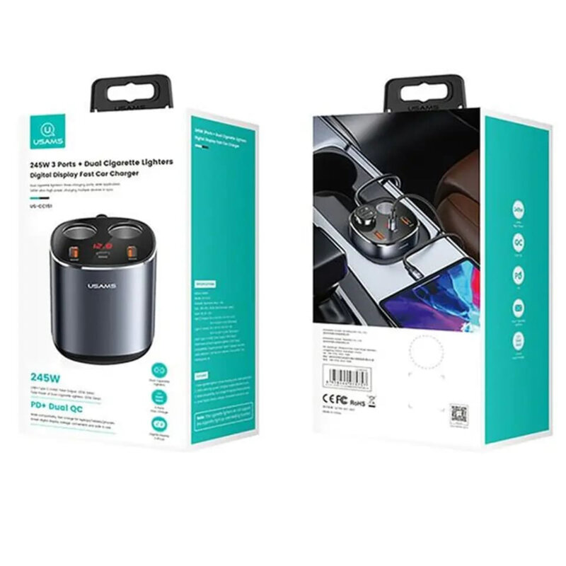 Incarcator bricheta auto 2xUSB, Type-C, 245W, Usams US-CC151