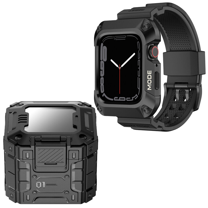 [Pachet] Husa + curea Apple Watch 7 45mm Lito Metal RuggedArmor, negru, LS002