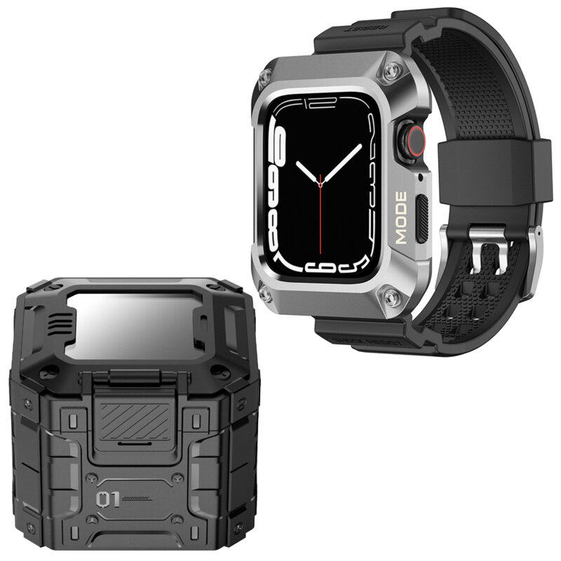 [Pachet] Husa + curea Apple Watch 7 45mm Lito Metal RuggedArmor, argintiu, LS002