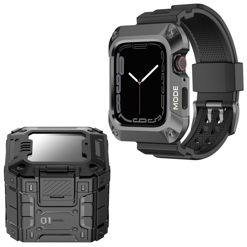 [Pachet] Husa + curea Apple Watch 8 45mm Lito Metal RuggedArmor, gri, LS002