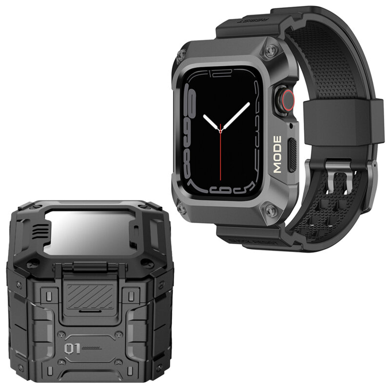 [Pachet] Husa + curea Apple Watch 9 45mm Lito Metal RuggedArmor, gri, LS002