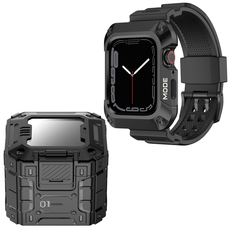 [Pachet] Husa + curea Apple Watch 9 45mm Lito Metal RuggedArmor, negru, LS002