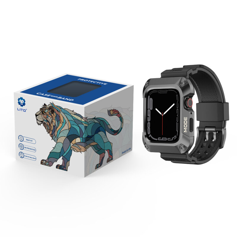 [Pachet] Husa + curea Apple Watch 6 44mm Lito Metal RuggedArmor, gri, LS002