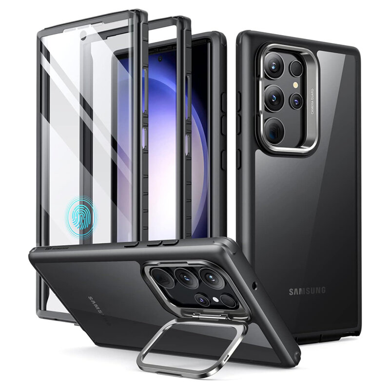 [Pachet 360°] Husa + folie Samsung Galaxy S23 Ultra ESR Shock Armor Kickstand, negru/transparenta