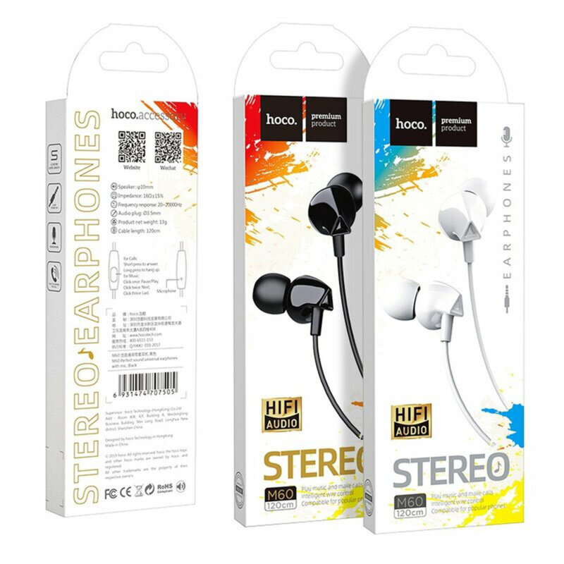 Casti in-ear cu microfon Jack Hoco M60, stereo, HiFi, 1.2m, negru