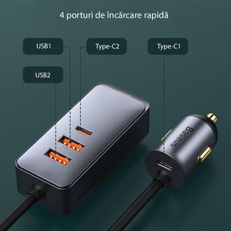 Incarcator auto USB Type-C Fast Charge Baseus, 120W, gri, CCBT-A0G