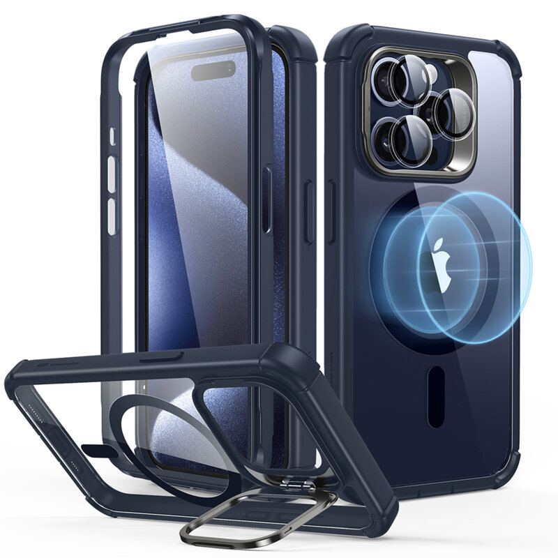 [Pachet 360°] Husa + folie iPhone 15 Pro ESR Armor Tough Kickstand HaloLock, albastru