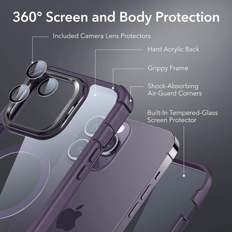 [Pachet 360°] Husa + folie iPhone 14 Pro Max ESR Shock Armor Kickstand HaloLock, mov