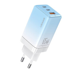 Incarcator GaN Fast Charge 65W 2x tip C, USB, Usams, albastru, US-CC180