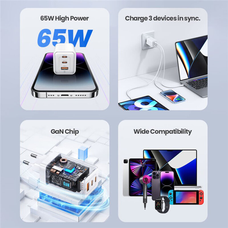 Incarcator GaN Fast Charge 65W 2x tip C, USB, Usams, negru, US-CC180