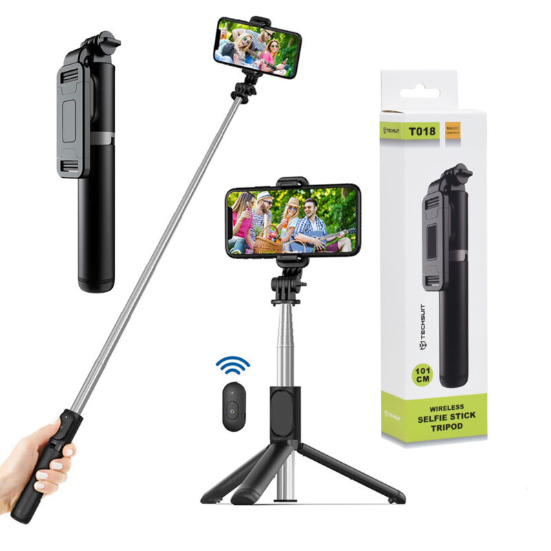 Selfie stick trepied, telecomanda Bluetooth Techsuit Q01, 101cm, negru