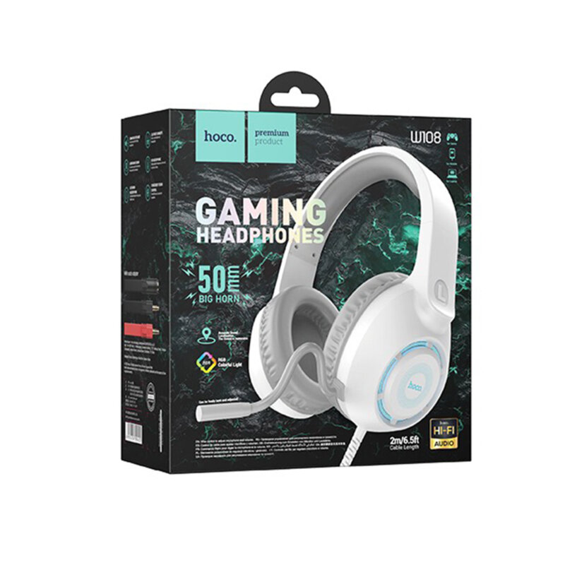 Casti de gaming over-ear cu fir Jack, microfon Hoco W108, alb