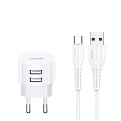 Kit incarcator priza dual USB T20 + cablu Type-C U35 Usams, alb