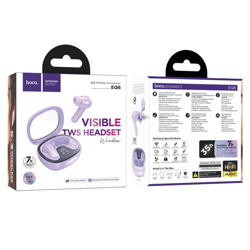 Headset Bluetooth Hoco EQ6, casti Hi-Fi true wireless, mov