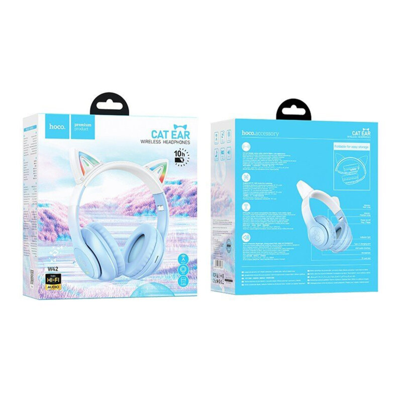 Casti cu urechi pisica Bluetooth pentru copii Hoco W42, albastru