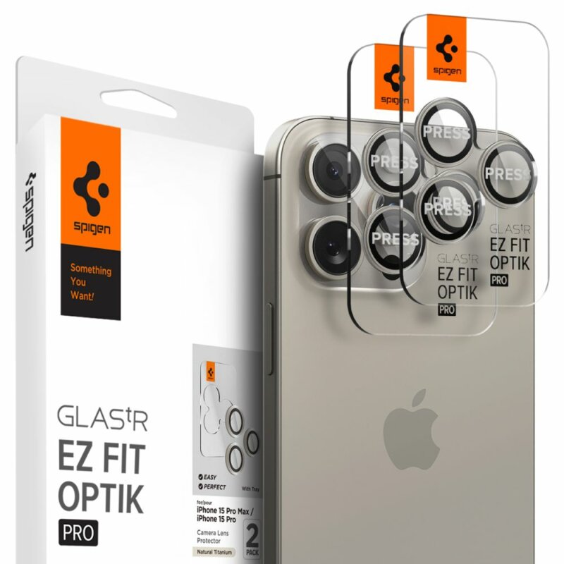 [Pachet 2x] Folie sticla camera iPhone 15 Pro Max Spigen Glas.tR Optik, bej