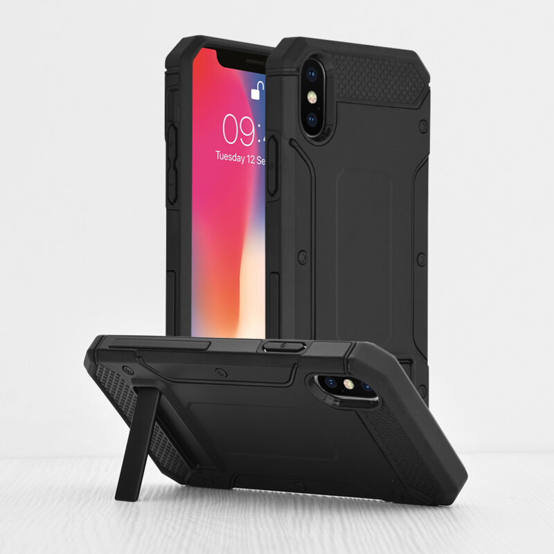 Husa antisoc iPhone X, iPhone 10 Techsuit Hybrid Armor Kickstand, negru