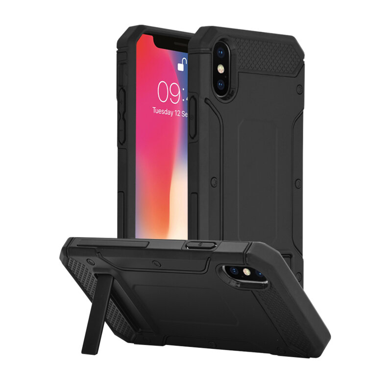 Husa antisoc iPhone X, iPhone 10 Techsuit Hybrid Armor Kickstand, negru