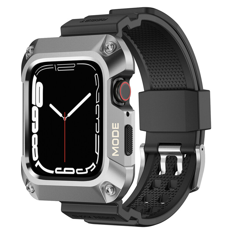 [Pachet] Husa + curea Apple Watch 9 45mm Lito Metal RuggedArmor, argintiu, LS002