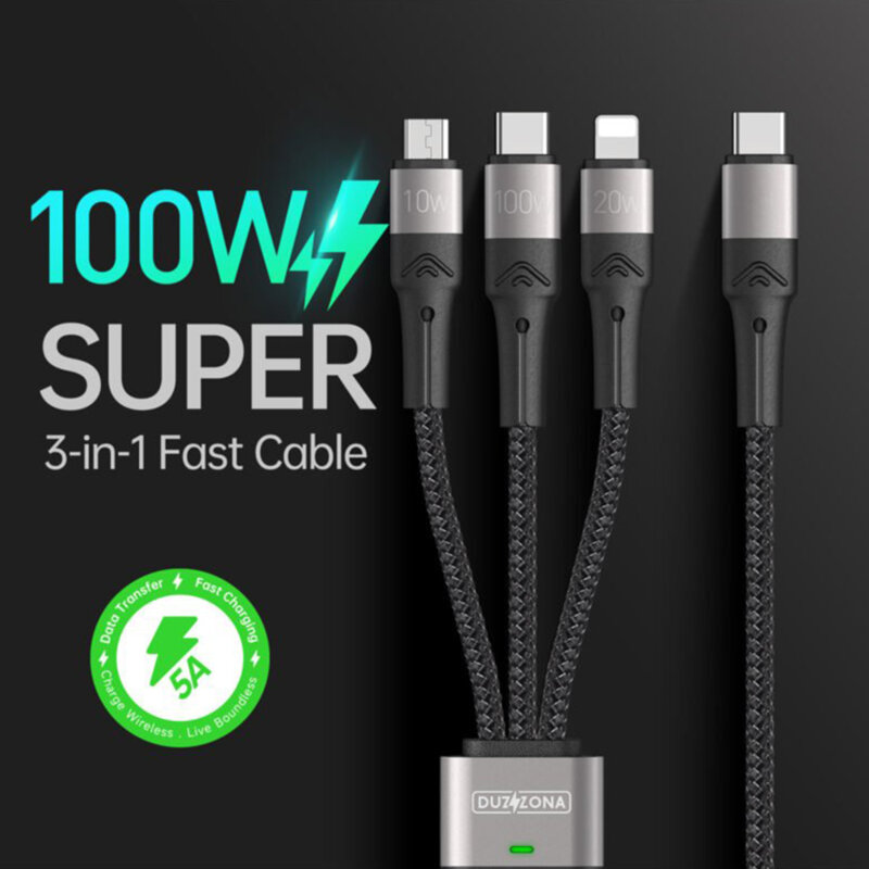 Cablu date 3in1 100W tip C, iPhone, Micro-USB Duzzona A4, gri