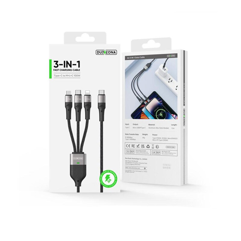 Cablu date 3in1 100W tip C, iPhone, Micro-USB Duzzona A4, gri