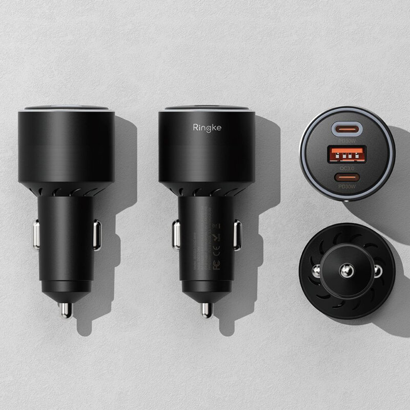 Incarcator auto USB, 2x Type-C Ringke, PD30W, QC3.0, negru