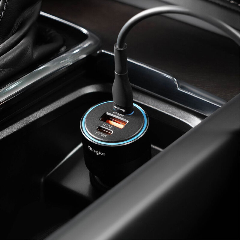 Incarcator auto USB, 2x Type-C Ringke, PD30W, QC3.0, negru