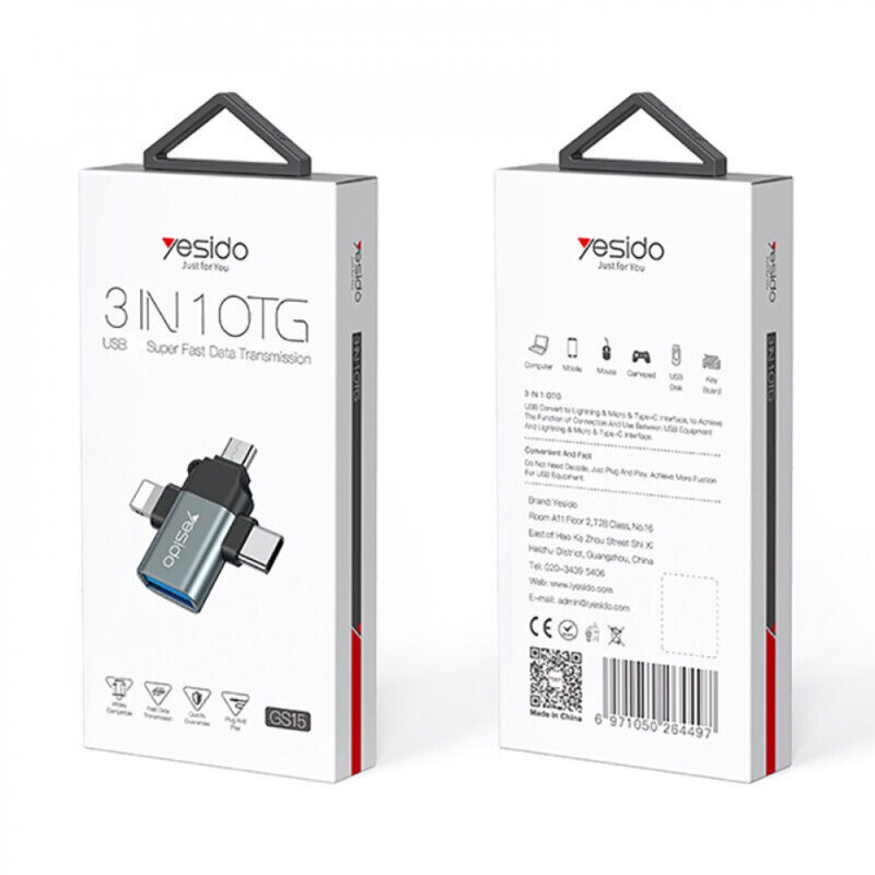 Adaptor OTG USB la Type-C, Lightning, Micro-USB Yesido GS15, negru