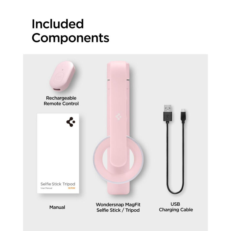 Selfie stick MagSafe iPhone Bluetooth cu trepied Spigen S570W, roz