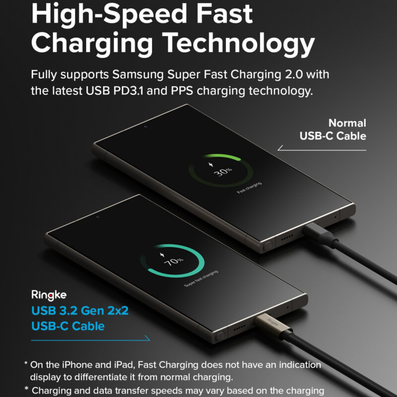 Cablu de date Fast Charging Type-C 240W, 2m Ringke, negru