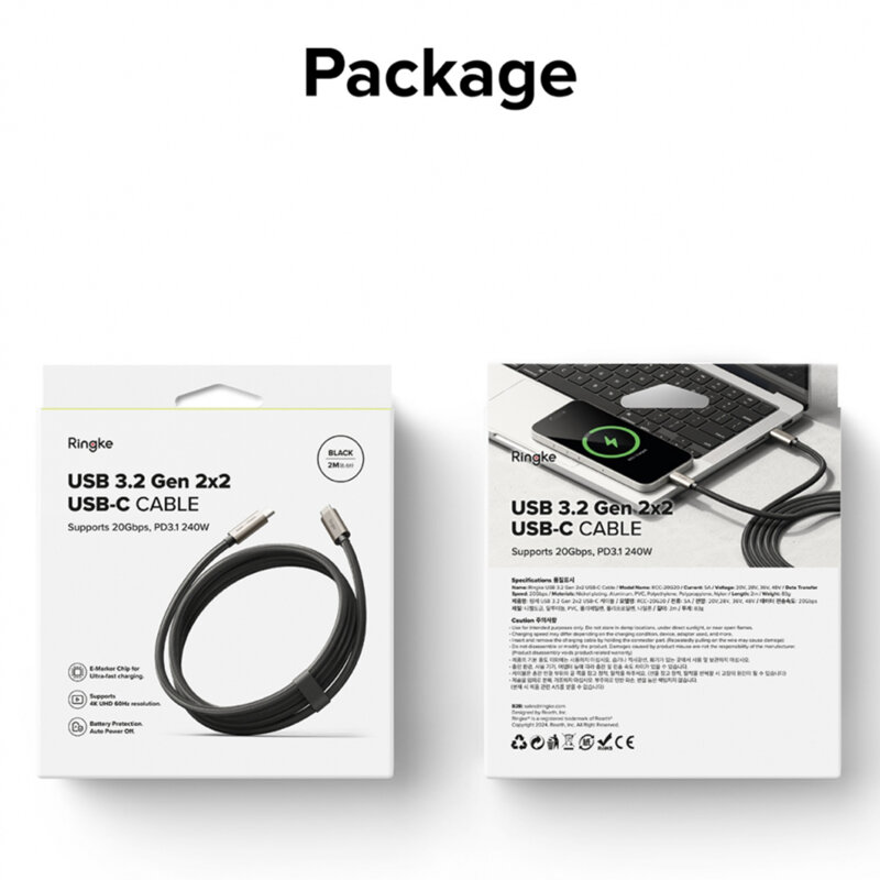 Cablu de date Fast Charging Type-C 240W, 2m Ringke, negru