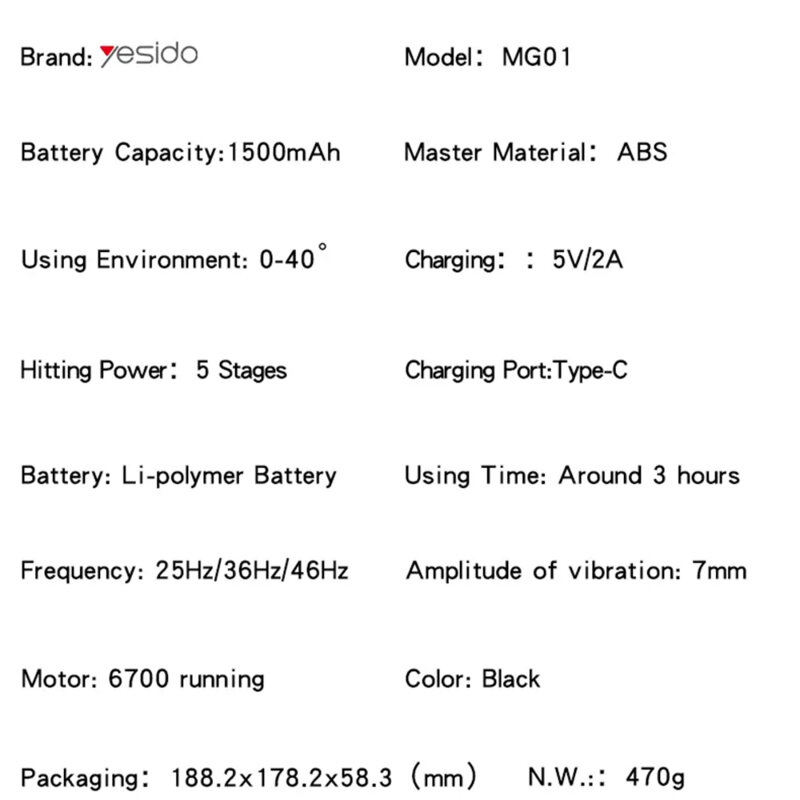 Aparat masaj pistol pentru picioare, gat Yesido MG01, negru