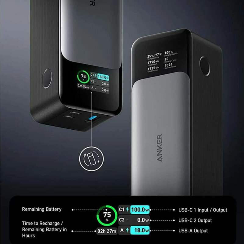 Power bank laptop, baterie externa 24000mAh, 140W Anker, gri